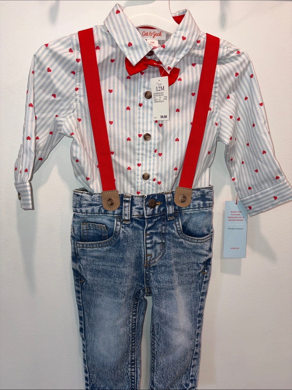 Cat & Jack White Striped Heart Shirt with Red Suspenders & Bow Tie - Kids